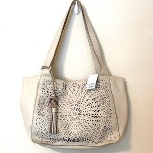 the sak creamy Beige Laser-Cut Leather Tote Bag with Tassel